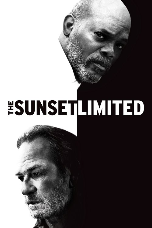 The poster features two men in stark black and white, with one looking upward and the other downward, creating a sense of mystery and introspection. The title "The Sunset Limited" is prominently displayed in bold, white letters against a dark background, evoking a noir atmosphere.