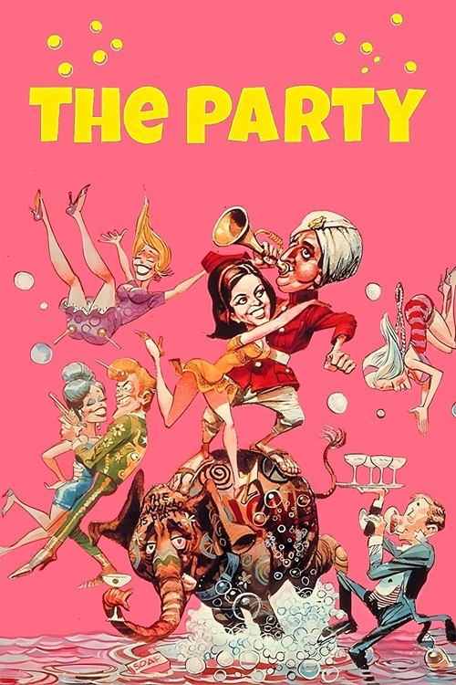 A vibrant pink poster featuring a chaotic scene of animated characters in mid-air, surrounded by bubbles and floating objects. The title "THE PARTY" is boldly displayed at the top in yellow text. The mood is energetic and playful, capturing the essence of a lively party atmosphere.