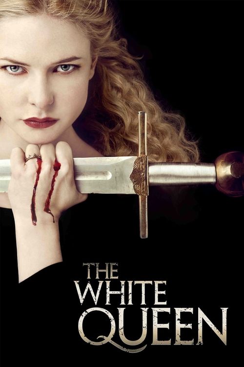 The poster features a striking woman with curly blonde hair holding a sword, set against a dark background. The title "The White Queen" is prominently displayed in elegant gold lettering. The overall mood is mysterious and dramatic, hinting at a supernatural or fantasy theme.