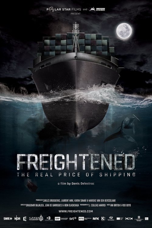 The poster features a dark, moody scene with a large cargo ship navigating choppy waters under a full moon. The title "Freightened" is prominently displayed in bold white letters, emphasizing the film's theme of financial stress. The overall color palette is dark and moody, with blues and blacks ...