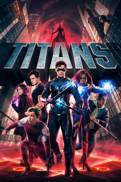 The poster features six superheroes in dynamic poses against a dark, city-lit backdrop. The central figure stands confidently with glowing blue energy, while others wield weapons or display powers. Vibrant reds and purples dominate the lower portion, creating an intense, action-packed atmosphere....