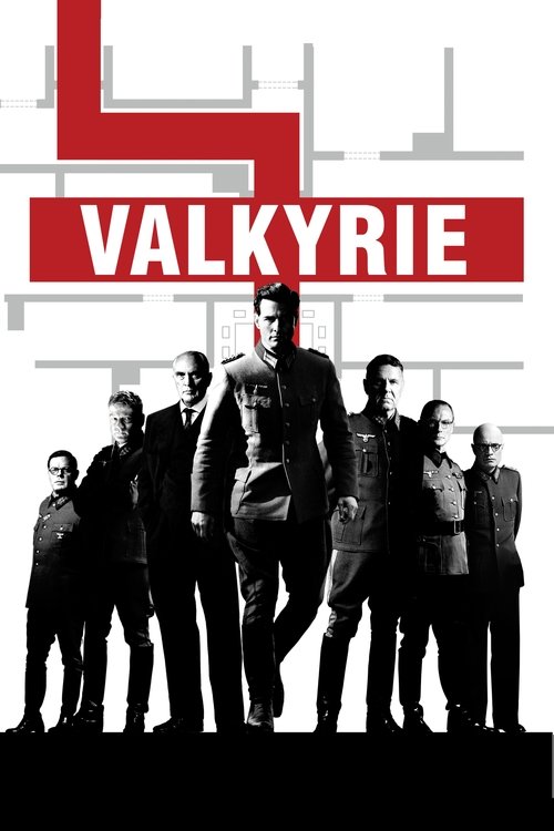 The poster features a group of men in dark suits standing in silhouette against a stark white background, with a bold red "V" logo and the title "Valkyrie" prominently displayed. The mood is mysterious and dramatic, evoking the gritty atmosphere of the film.