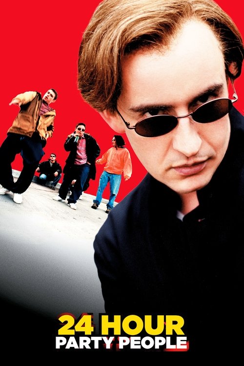 The poster features a man in sunglasses dominating the foreground against a vibrant red background, while smaller figures of people in casual attire appear in the distance. The bold yellow text at the bottom emphasizes the movie's title, creating a striking visual contrast. The overall compositio...