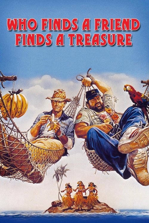 The poster features four men in colorful, whimsical costumes flying through a vibrant sky above a small island. The red title text stands out against the blue background, evoking a sense of adventure and humor. The mood is lighthearted and playful, capturing the essence of a classic adventure film.