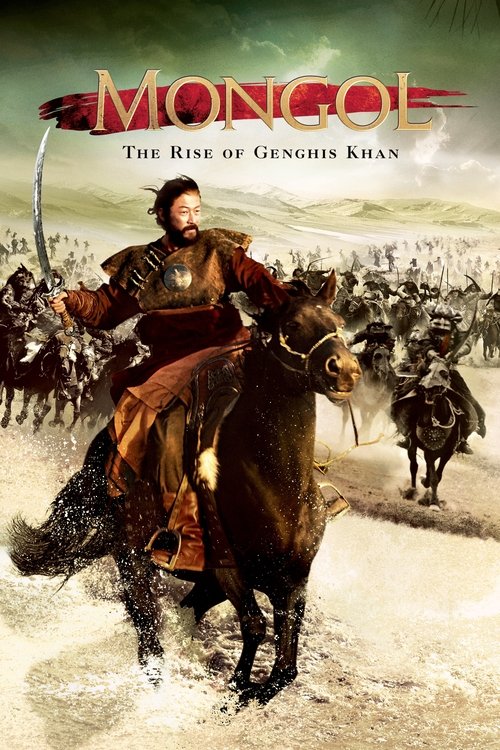 The poster features a majestic Mongol warrior riding a powerful horse, exuding strength and determination. The scene is set against a backdrop of vast battlefields, with soldiers and horses in the distance, creating a sense of epic scale. The warm golden and earthy tones evoke a sense of historic...