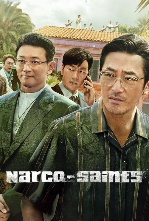 The poster features four men in a tropical setting, with one man prominently in the foreground wearing glasses and a dark jacket. The warm colors of the background—orange roofs, palm trees, and sandy tones—create a nostalgic, sun-drenched atmosphere. The title "Narco-Saints" is boldly displayed a...