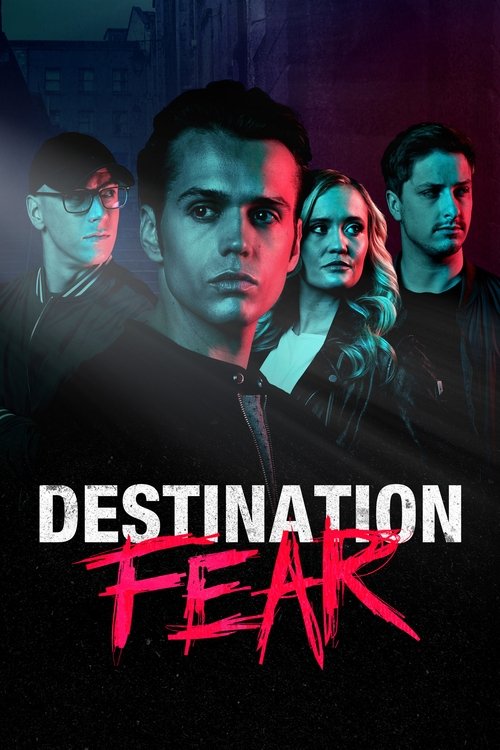 The poster features four characters in a dramatic, moody atmosphere with intense expressions. The lighting is split between cool blues and warm reds, creating a suspenseful and eerie mood. The title "DESTINATION FEAR" is prominently displayed in bold, stylized text, emphasizing the show's horror ...