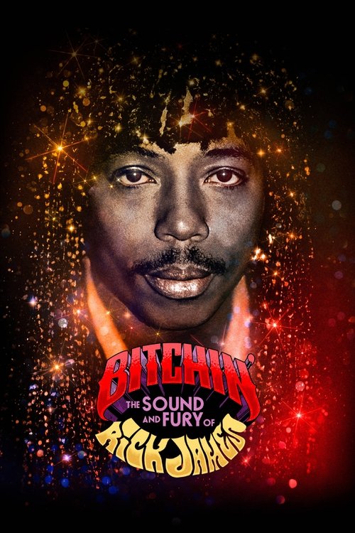 The poster features a close-up portrait of Rick James against a dark background filled with sparkling lights. The title "Bitchin' The Sound and Fury of Rick James" is prominently displayed in bold, colorful lettering. The overall mood is energetic and celebratory, capturing the essence of his mus...