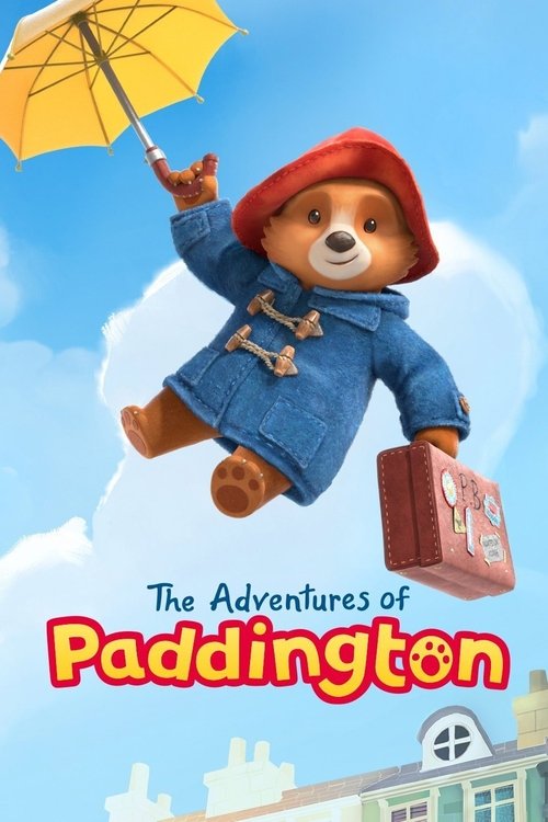 A cheerful teddy bear in a blue coat and red hat holds a yellow umbrella and carries a suitcase, standing against a bright blue sky with fluffy white clouds. The playful scene captures the whimsical and adventurous spirit of the show.