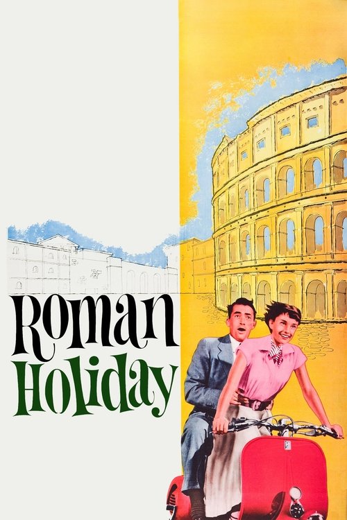 The poster features a couple riding a red scooter against a backdrop of the iconic Leaning Tower of Pisa and a warm sunset. The title "Roman Holiday" is elegantly written in green script, evoking a sense of nostalgia and adventure.