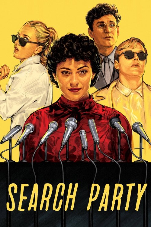 A vibrant poster featuring four characters in a dramatic scene, with a central woman in a red outfit surrounded by microphones. The warm yellow background and bold typography convey a sense of mystery and intrigue.