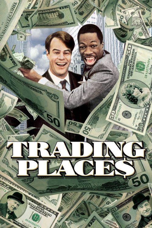 The poster features two smiling men in suits surrounded by scattered dollar bills, creating a vibrant and energetic atmosphere. The bold title "TRADING PLACES" anchors the image, suggesting a financial theme. The overall mood is optimistic and dynamic, hinting at a story about commerce and opport...