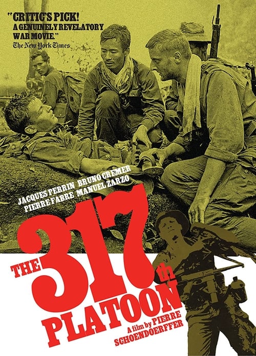 The poster features a gritty, sepia-toned scene of soldiers in uniform, with one prominently holding a rifle. The bold red "317" and "PLATOON" text dominates the foreground, evoking a sense of urgency and historical tension. The mood is somber and intense, capturing the raw reality of combat.