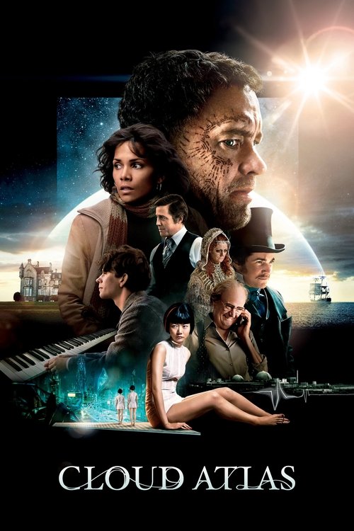 The poster features a collage of diverse characters from different eras, set against a dramatic backdrop of stars and city lights. Warm tones blend with cool blues, creating a sense of timelessness and wonder. The mood is mysterious and evocative, inviting viewers to explore the interconnected li...