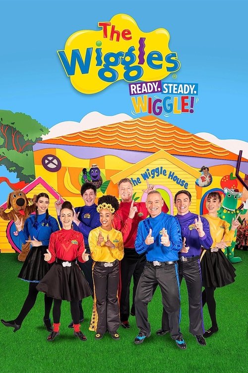 The vibrant poster features the Wiggles in colorful outfits against a cheerful yellow building backdrop. The playful, energetic mood is captured with bright colors and lively characters, inviting viewers to join in the fun.
