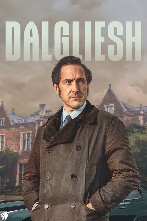 The poster features a man in a brown trench coat against a backdrop of a grand, weathered building. The muted tones of the image evoke a sense of mystery and historical drama. The title "DALGLIESH" is prominently displayed in bold, white letters at the top.