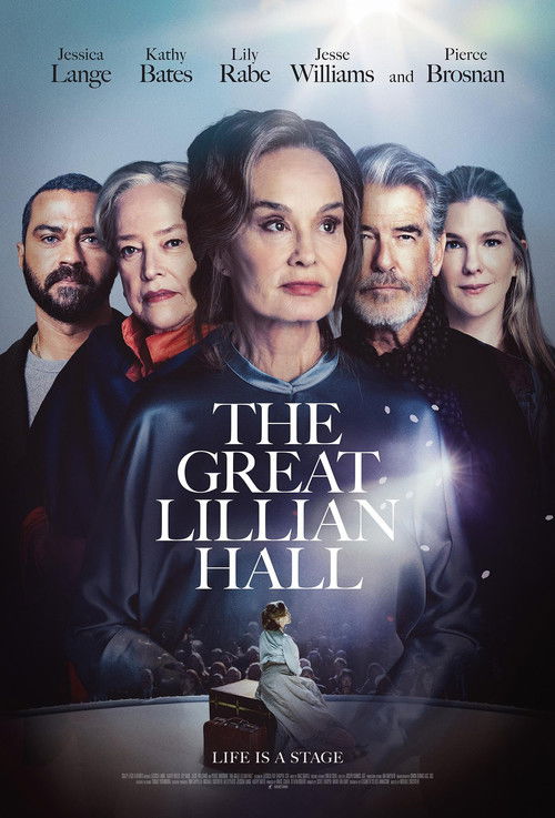 The poster features a dramatic portrait of Lillian Hall at the center, surrounded by six other actors in a moody, atmospheric setting. The dark, shadowy background with a spotlight effect on Hall creates an eerie and suspenseful mood. The title "The Great Lillian Hall" is prominently displayed in...