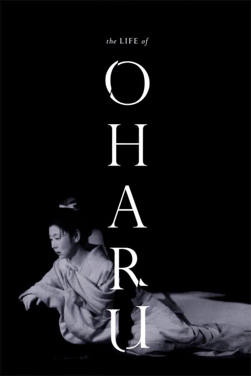 The black-and-white poster features a serene, contemplative scene of a woman in traditional attire, her gaze directed upward with a sense of quiet introspection. The minimalist design, dominated by stark black and white tones, evokes a timeless, melancholic mood. The title "The Life of Oharu" is ...