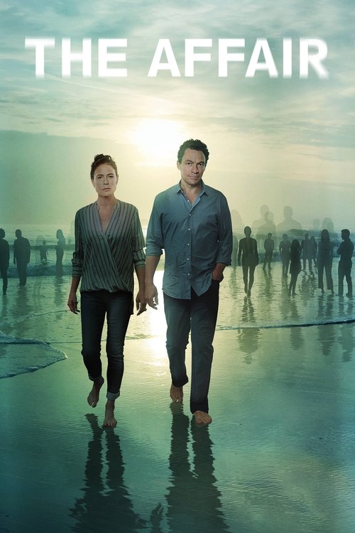 The poster features two men walking barefoot on a reflective, wet beach under a soft, golden sunset. Silhouettes of other people are visible in the background, suggesting a mysterious or romantic narrative. The muted tones and warm lighting evoke a sense of intimacy and intrigue, hinting at a dra...