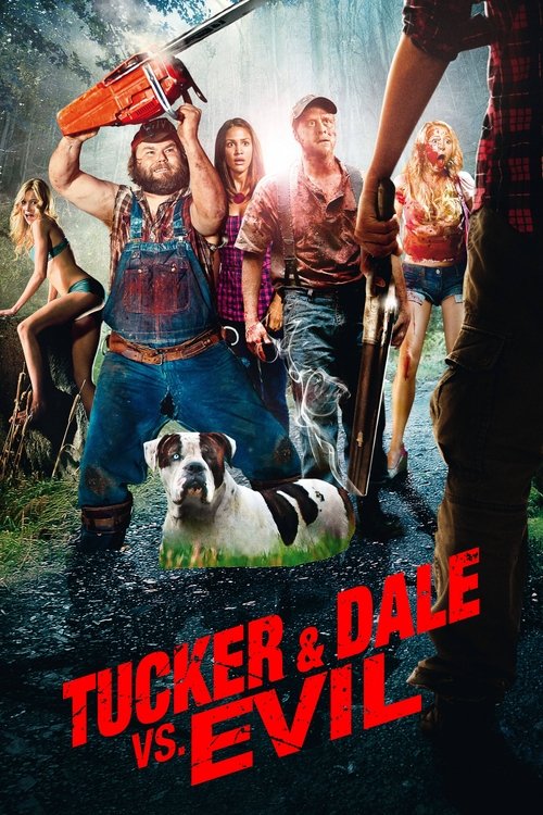 The poster features a group of characters in a forest setting, with one man holding a chainsaw and a dog lying on the ground. The colors are vibrant, with reds and greens dominating the scene. The mood is adventurous and intense, suggesting a thrilling action movie.