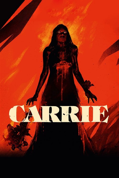 The poster features a mysterious figure in a dark, flowing dress against a fiery orange backdrop, with the title "Carrie" prominently displayed in bold, white letters. The ominous atmosphere and dramatic lighting create a suspenseful and eerie mood.