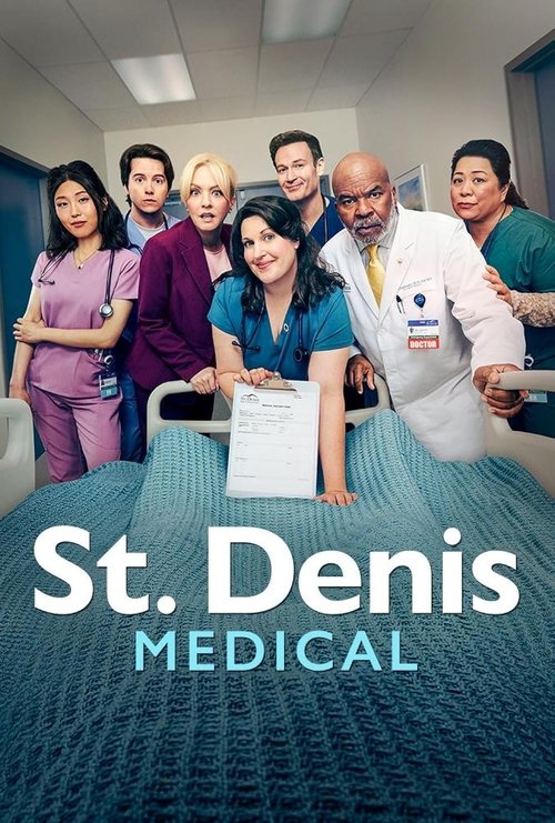 The poster features a group of diverse medical professionals in a hospital setting, with a woman in blue holding a certificate. The warm lighting and professional attire convey a sense of trust and expertise. The teal background adds a calming, medical atmosphere.