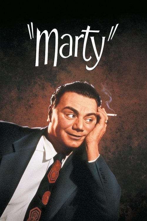 This movie poster features a man in a suit holding a cigarette, with a smoky effect around his head. The title "Marty" is written in white, stylized letters at the top. The dark background and smoky atmosphere create a mysterious and dramatic mood.