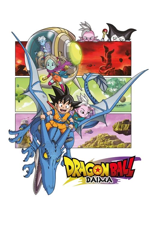 This vibrant Dragon Ball DAIMA poster features a dynamic scene with Goku in his blue Saiyan suit, surrounded by other characters like Piccolo and Trunks. The background showcases a colorful, action-packed landscape with a bright sun and dramatic clouds. The overall mood is energetic and adventuro...
