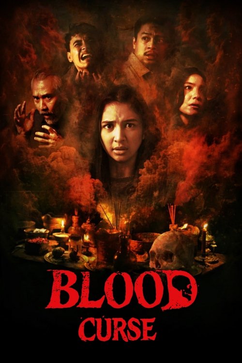 The poster features a dramatic scene with five characters, including a central woman in a fiery red aura, surrounded by others in dark, ominous tones. The title "Blood Curse" is prominently displayed in bold red letters at the bottom, evoking a sense of danger and supernatural threat.