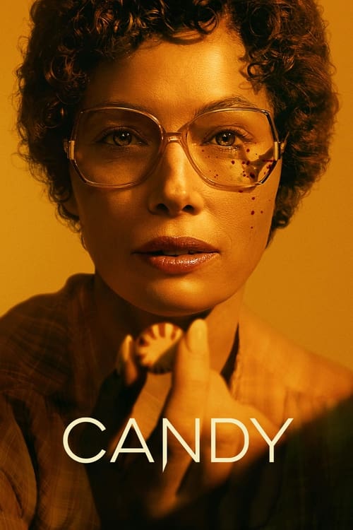 The poster features a woman with curly hair and glasses, her expression serious and contemplative against a warm, golden background. The text "CANDY" is prominently displayed in bold, white letters at the bottom. The overall mood is mysterious and evocative, suggesting themes of mystery and intri...