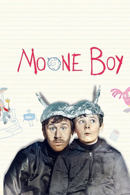 The poster features two boys in dark jackets, one with a playful hat and the other with a more serious expression. The background is lined notebook paper with whimsical drawings, including a bird and a robot. The title "Moone Boy" is written in red, with a small moon symbol. The overall mood is w...