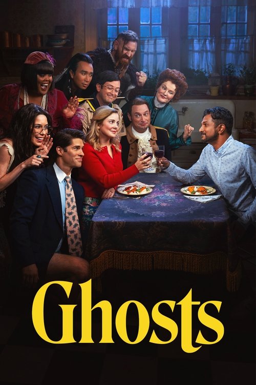The poster features a group of characters gathered around a dimly lit table, creating an eerie atmosphere. The warm yellow text "Ghosts" stands out against the dark background, emphasizing the supernatural theme.