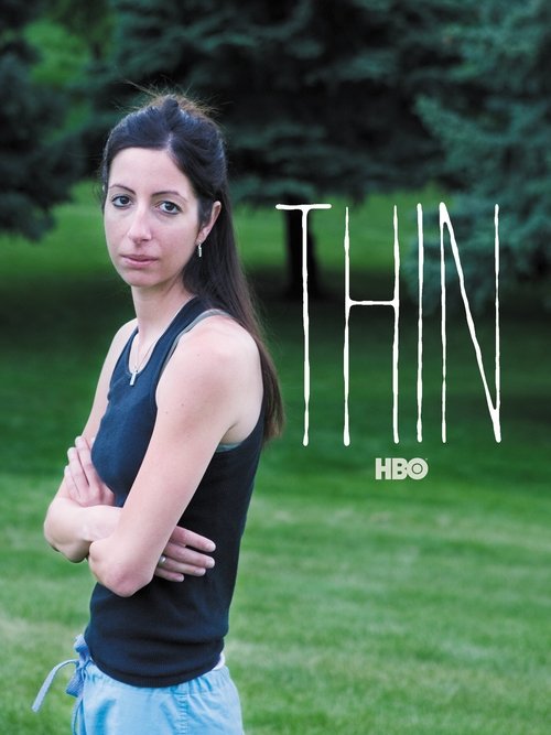 The poster features a woman with dark hair tied back, wearing a black tank top and light blue shorts, standing confidently with arms crossed against a lush green backdrop. The bold, white text "THIN" dominates the right side, with the HBO logo beneath it. The mood is energetic and motivational, c...