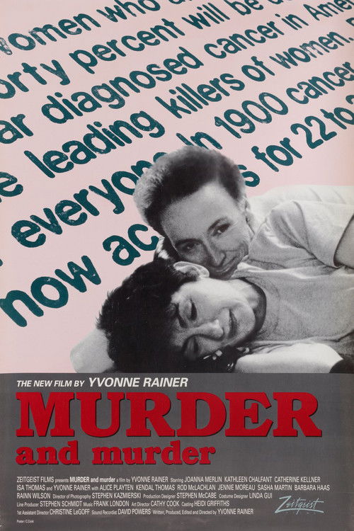 The poster features a black-and-white photograph of two women in a tender embrace, with one leaning affectionately against the other. The background is filled with bold, colorful text in red, white, and blue, creating a dynamic and energetic atmosphere. The title "MURDER and murder" is prominentl...