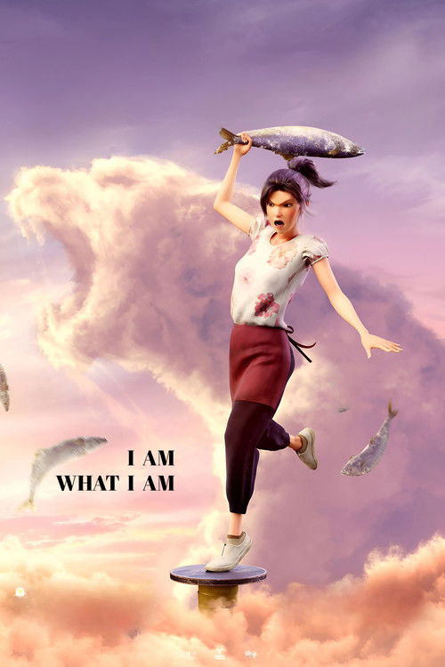 The poster features a woman balancing on a cloud, holding a fish aloft. The sky is filled with soft pink and purple hues, creating a dreamy atmosphere. The text "I AM WHAT I AM" is prominently displayed in the foreground, emphasizing the theme of self-discovery.