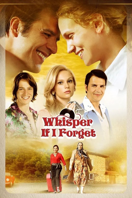 The poster features a warm, golden sunset backdrop with four characters in a romantic, intimate setting. The title "Whisper If I Forget" is prominently displayed in red, with a vinyl record symbolizing the song. The mood is nostalgic and romantic, evoking a sense of longing and connection.