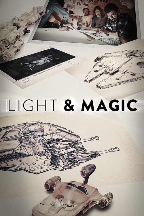 This poster features a sepia-toned collage of vintage sketches, suggesting a nostalgic or historical theme. The muted colors evoke a sense of mystery and timelessness, while the title "LIGHT & MAGIC" hints at themes of imagination and creativity.