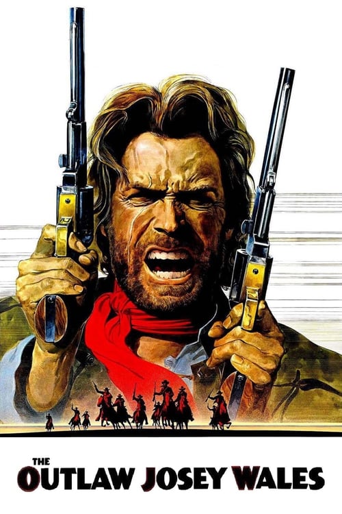 The poster features a rugged man with a fierce expression, holding two pistols. His dark hair and beard are prominent, and he wears a red scarf. The background is blurred, suggesting motion. At the bottom, silhouettes of people are visible, hinting at a historical or action setting. The bold text...