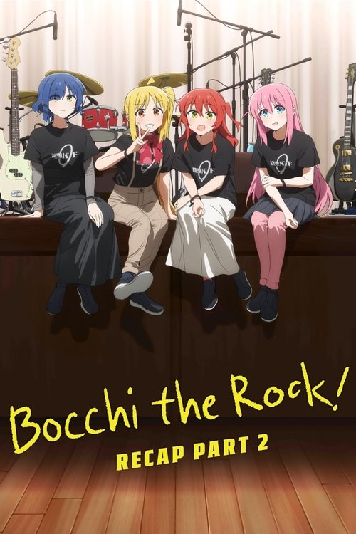 The poster features four animated characters in a rock band setting, exuding a vibrant and energetic mood. The characters are dressed in black and white outfits, with colorful accents like blue, red, and pink. The background includes a microphone stand and a wooden floor, emphasizing the rock mus...