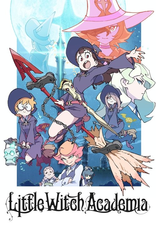 This vibrant poster showcases a dynamic scene from "Little Witch Academia" featuring a central girl in a purple outfit flying with a red staff, surrounded by other magical characters in colorful attire. The pastel and bright colors create a cheerful and magical atmosphere, capturing the essence o...