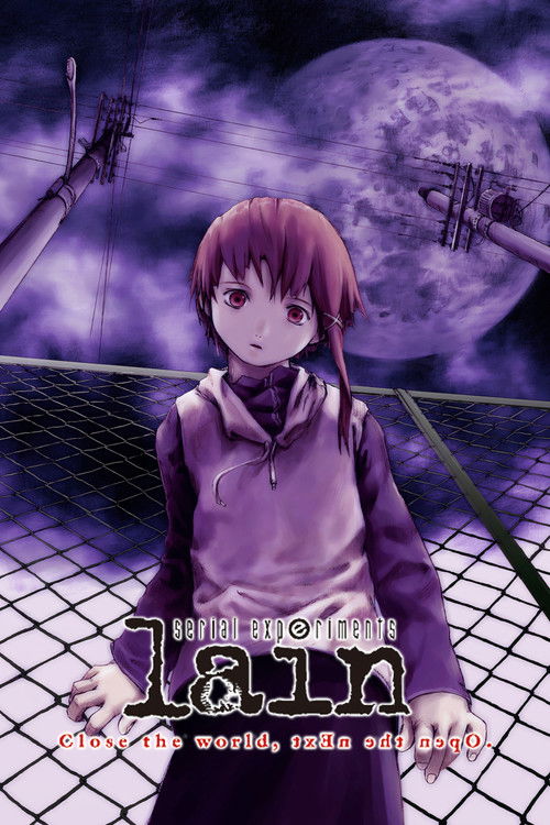The poster features a young girl with purple hair standing in front of a large purple moon, surrounded by eerie, skeletal structures. The scene is dark and mysterious, with a grid pattern on the ground and a mysterious, unsettling atmosphere.