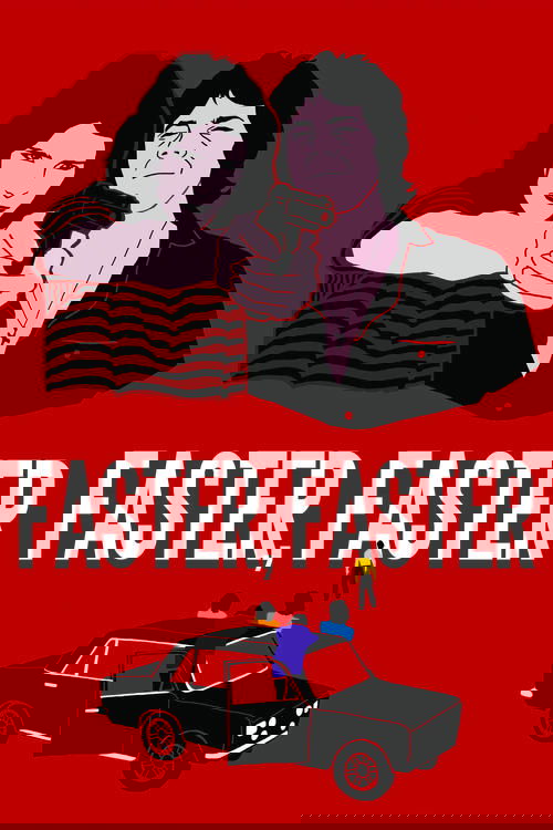 This red poster features a dramatic scene with a woman pointing at a man, suggesting a tense or confrontational moment. The bold white text "Faster, Faster" anchors the image, while a stylized black car with a blue figure on top adds a sense of urgency and motion. The overall composition conveys ...