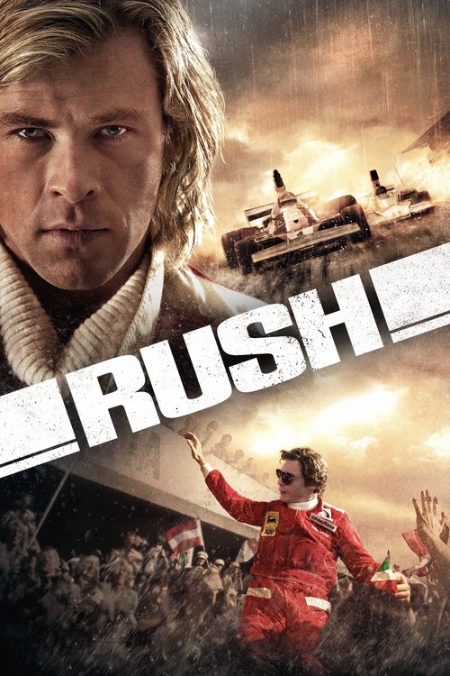 The poster features a rugged man in a white scarf, exuding intensity, alongside a dynamic scene of a race car speeding through a dramatic, fiery landscape. The bold red and white color scheme, combined with the explosive background, conveys a sense of high-speed action and adrenaline.