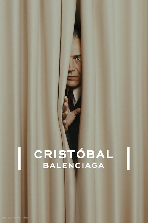 The poster features a man peeking through sheer, light-colored curtains, creating a mysterious and elegant atmosphere. The minimalist design emphasizes the luxurious and timeless nature of the Balenciaga brand.