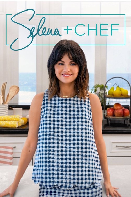 Selena + Chef features Selena Gomez in a charming blue and white gingham dress, exuding elegance against a bright kitchen backdrop. The warm, inviting atmosphere captures her radiant smile, while the clean, modern design highlights her poised and confident demeanor.