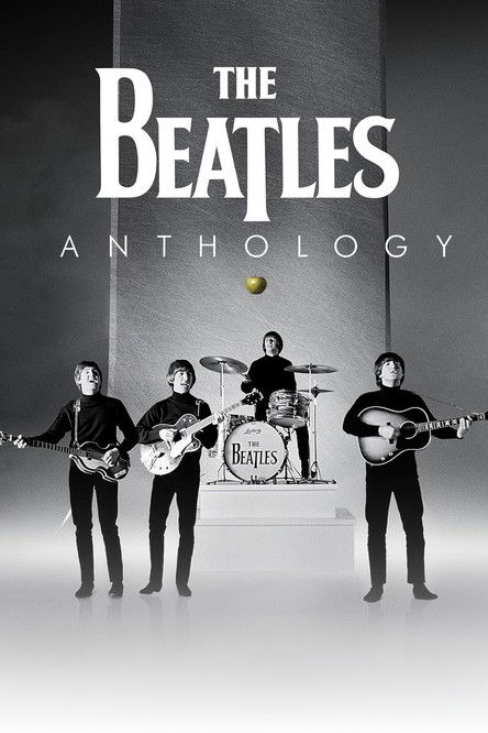 The Beatles Anthology poster features the iconic band members in black and white, exuding a timeless, nostalgic mood. The monochromatic palette enhances the classic, timeless feel of the album cover.
