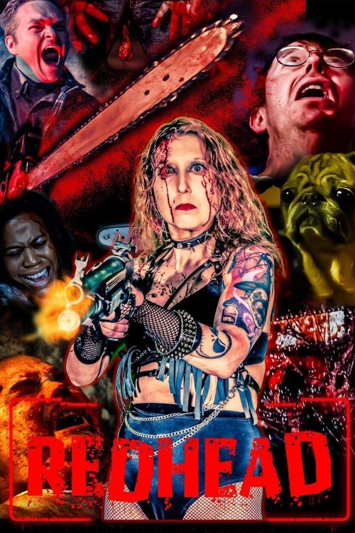 A dark, ominous poster featuring a woman with tattoos and a gun amidst screaming faces, blood splatters, and a green monster. The intense red and black color scheme conveys horror and danger.
