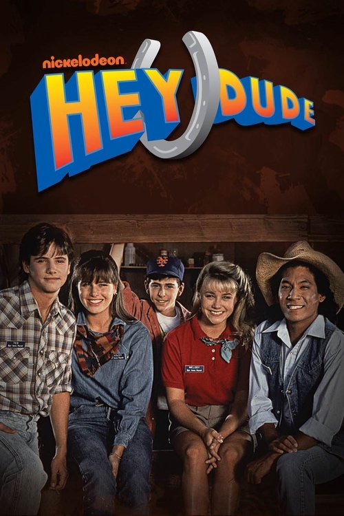 This Nickelodeon poster features four young boys in casual, adventurous clothing against a warm, earthy background. The vibrant blue and yellow "Hey Dude" logo stands out prominently, evoking a sense of fun and camaraderie. The mood is lighthearted and inviting, capturing the essence of friendshi...