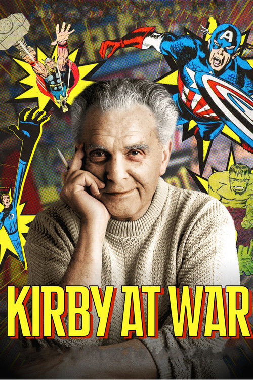 This movie poster features a man in a beige sweater against a vibrant comic book background. Surrounding him are dynamic superhero characters like Thor, Captain America, and the Hulk, all rendered in bold colors. The title "Kirby at War" is prominently displayed in yellow text at the bottom. The ...