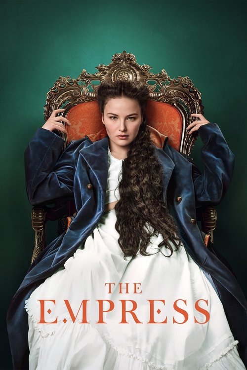 A woman in an elaborate blue gown sits atop a golden throne, her long dark hair cascading down her back. The deep green background contrasts with her white dress, creating a dramatic and regal atmosphere. The poster conveys a sense of historical drama and royal intrigue.